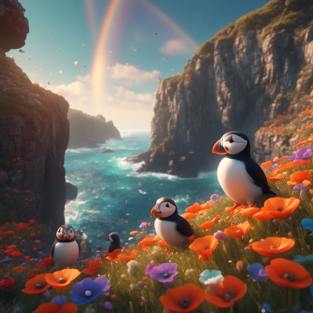 Cute Puffins in Cozy Grotto with Rainbow Light