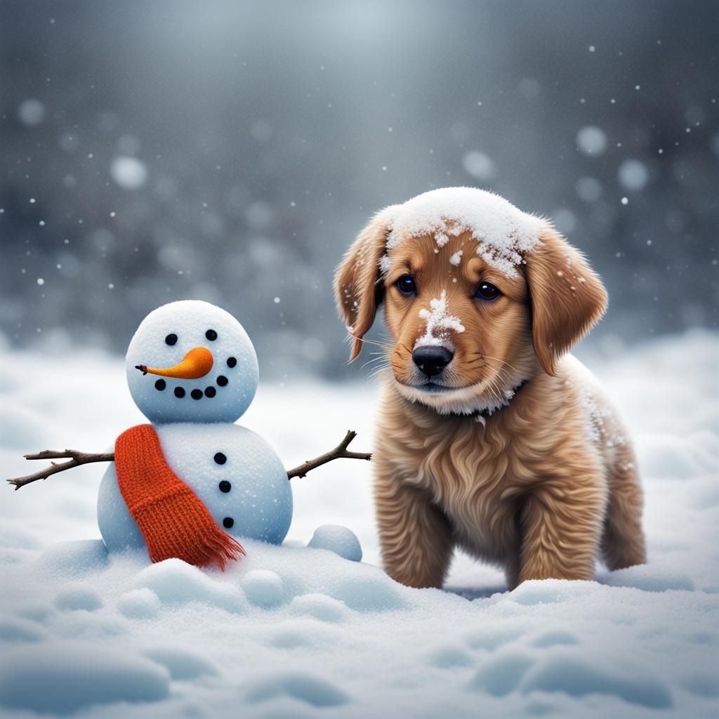 Puppy Builds Snowman: 3D Hyperrealistic Image