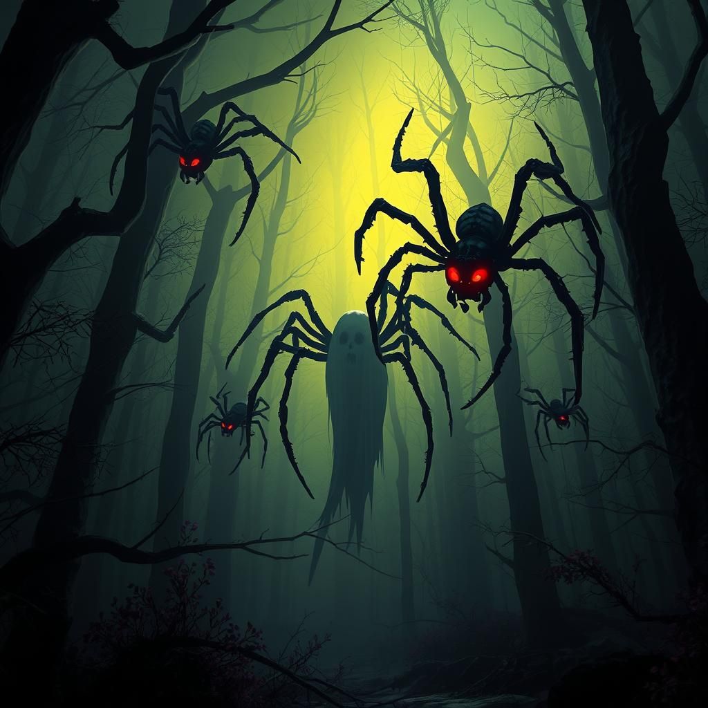 Eerie Forest with Spiders and Ghostly Figure