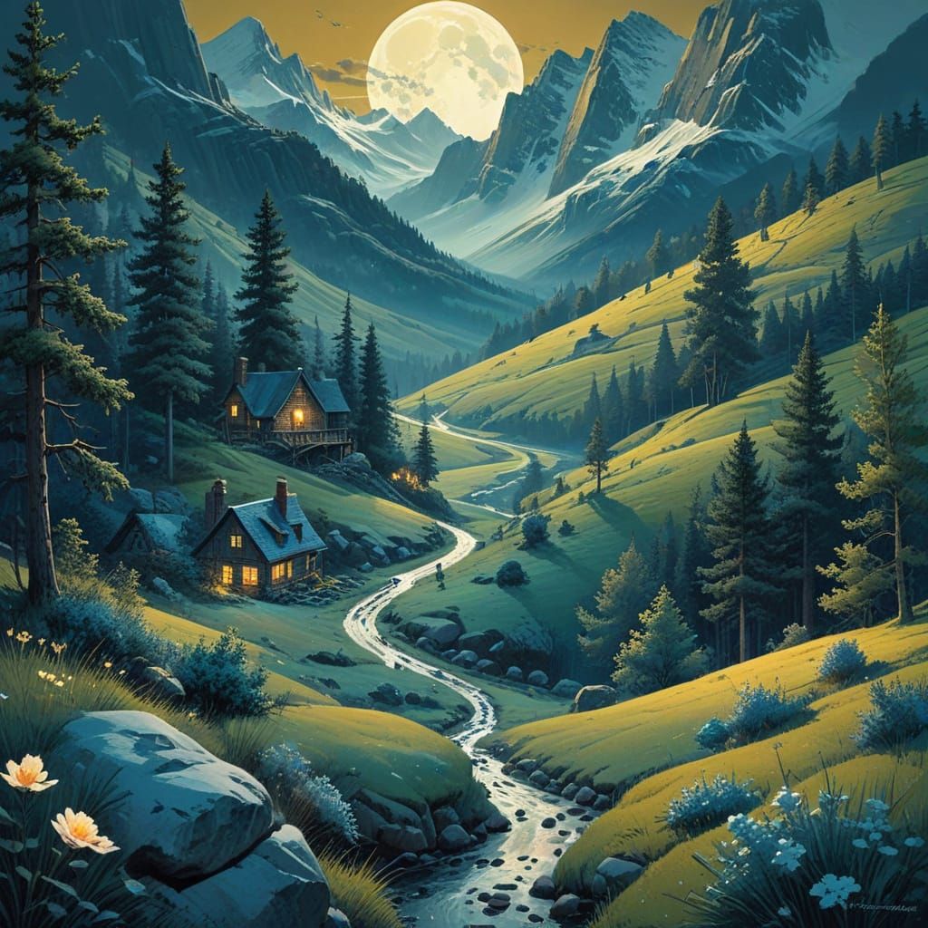 Dreamy Winter Scene with Cozy Cabin and Lone Hiker