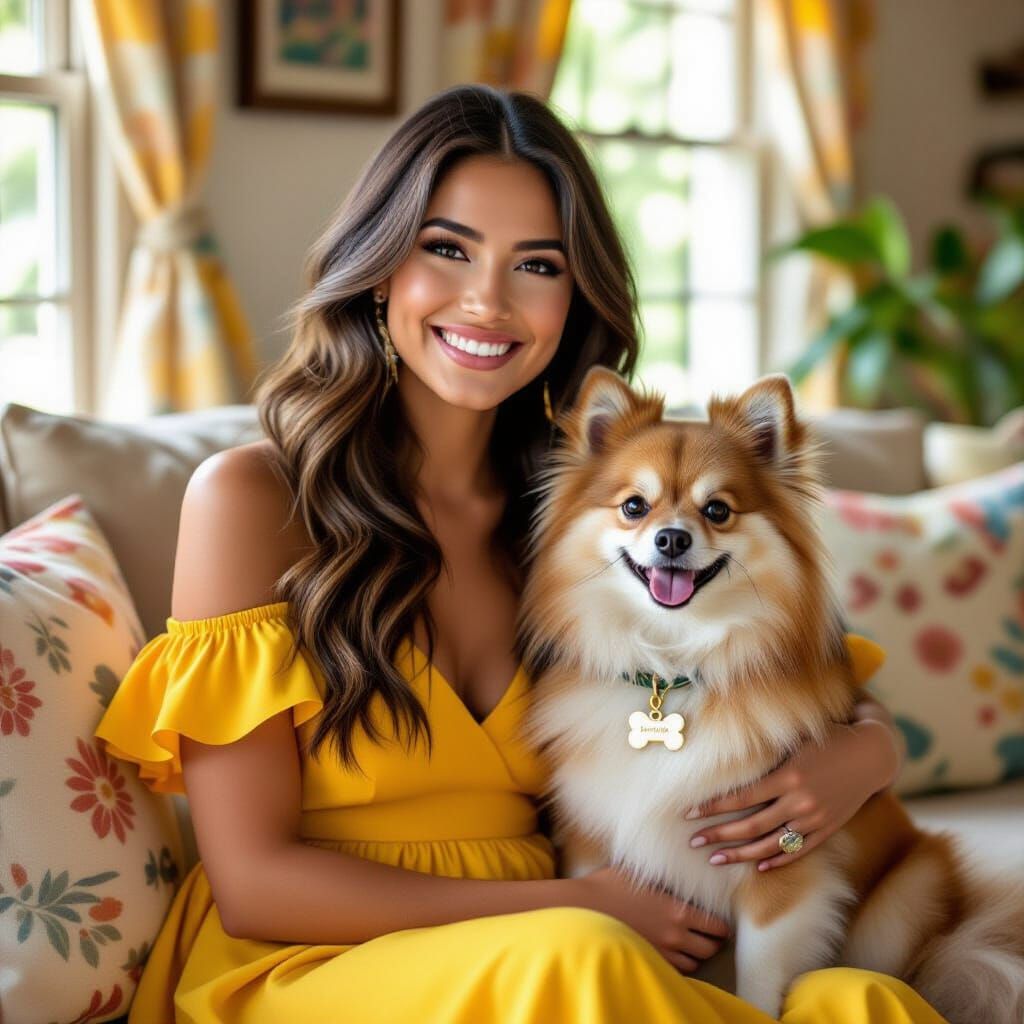 Woman and Pomeranian Dog in Dreamy, Playful Style