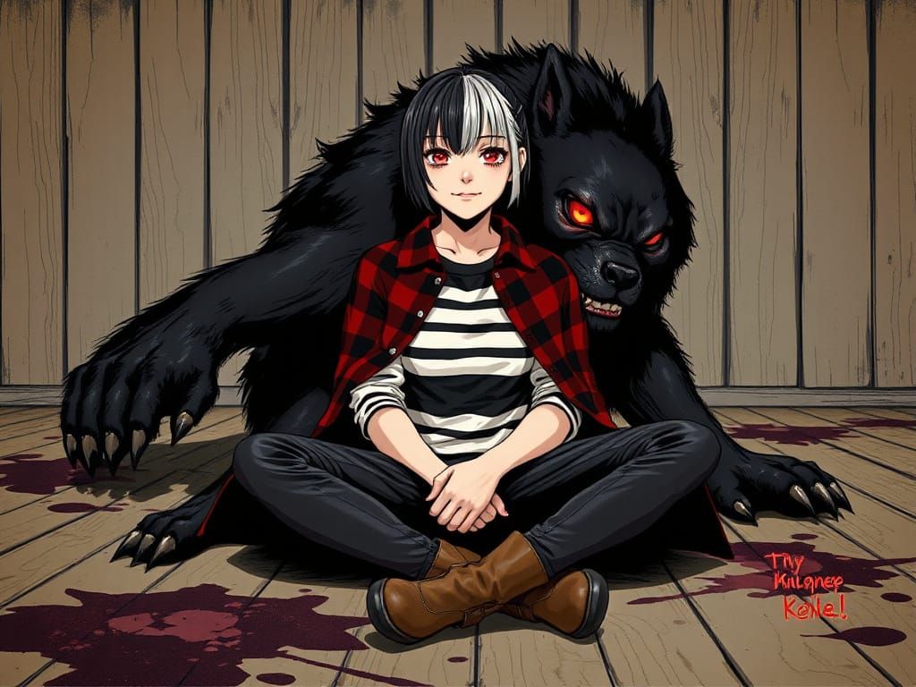 Manga Scene: Woman and Canine Creature, in Anime Style