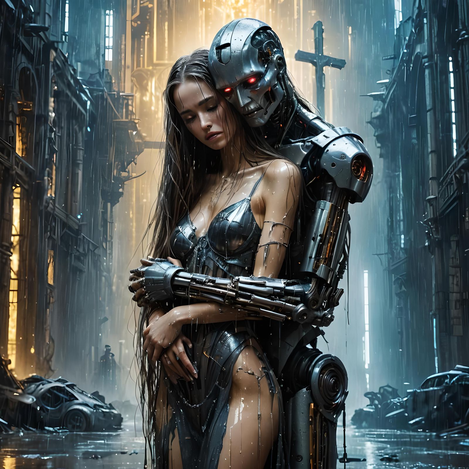 Crying Cyborg Comforted in Sci-Fi Cathedral