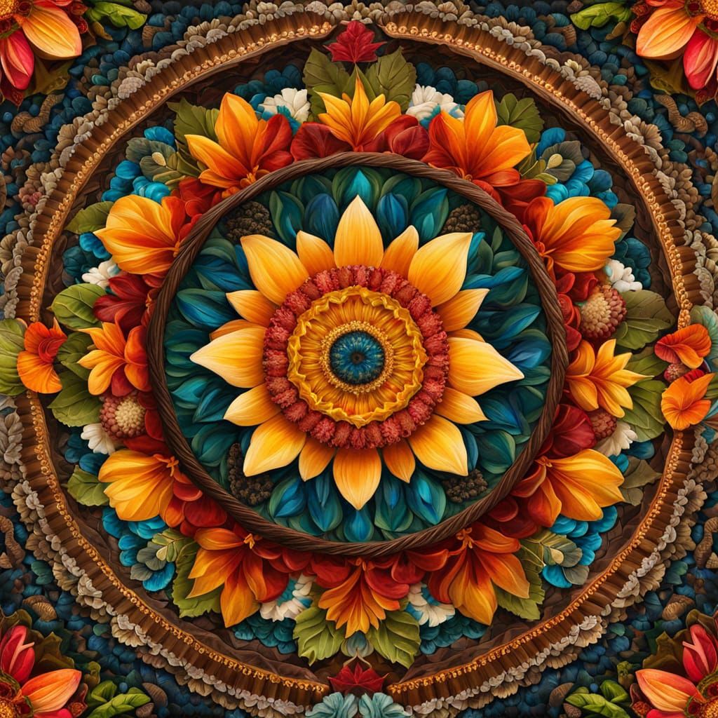 Colorful Mandala Composed of Natural Elements Collage