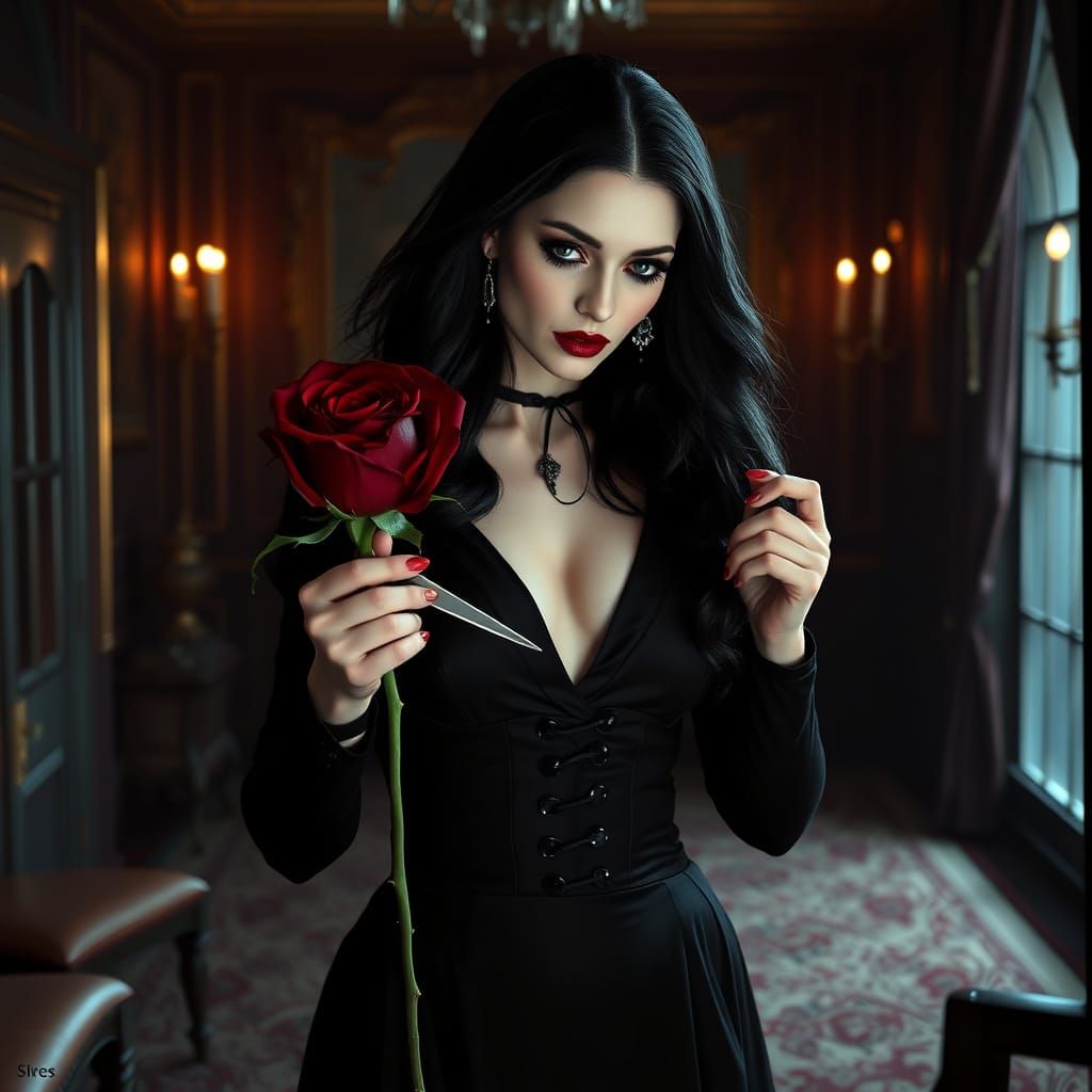 Gothic Elegance: Morticia Addams Decapitates Rose