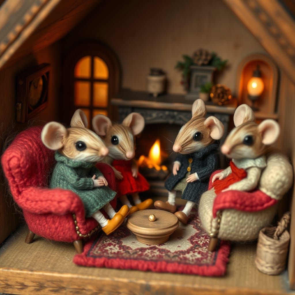 Felted Mice in Cozy Mouse House with Furniture
