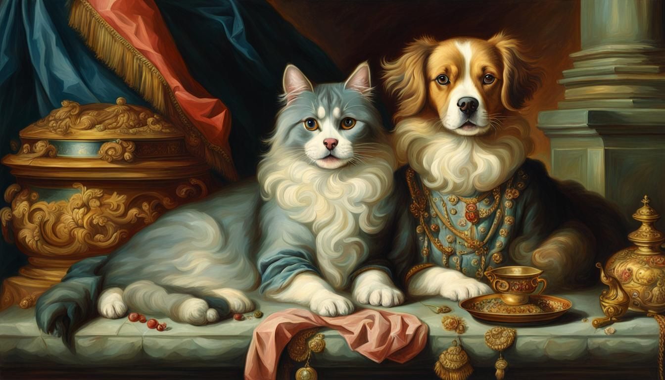 Dog and Cat Royal Portrait in Neoclassical Style