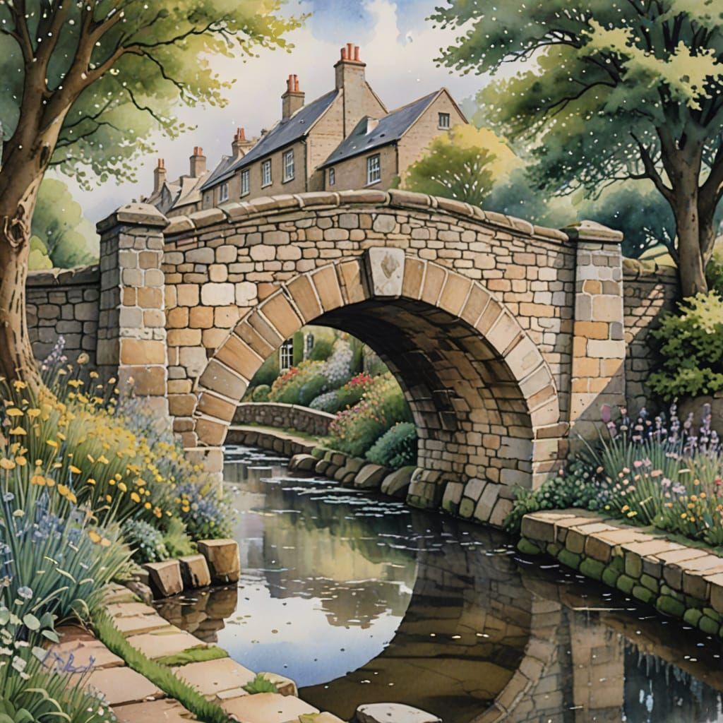 English Stone Bridge in Springtime Watercolour