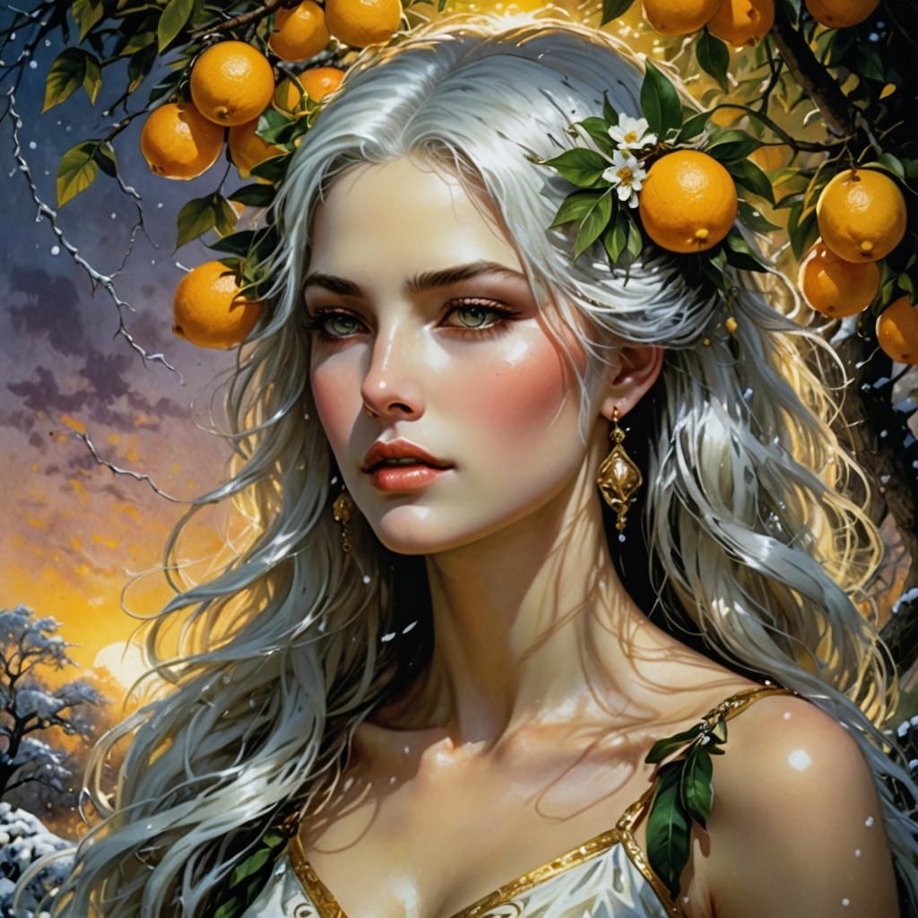 Citrus Goddess with White Hair in Painterly Style