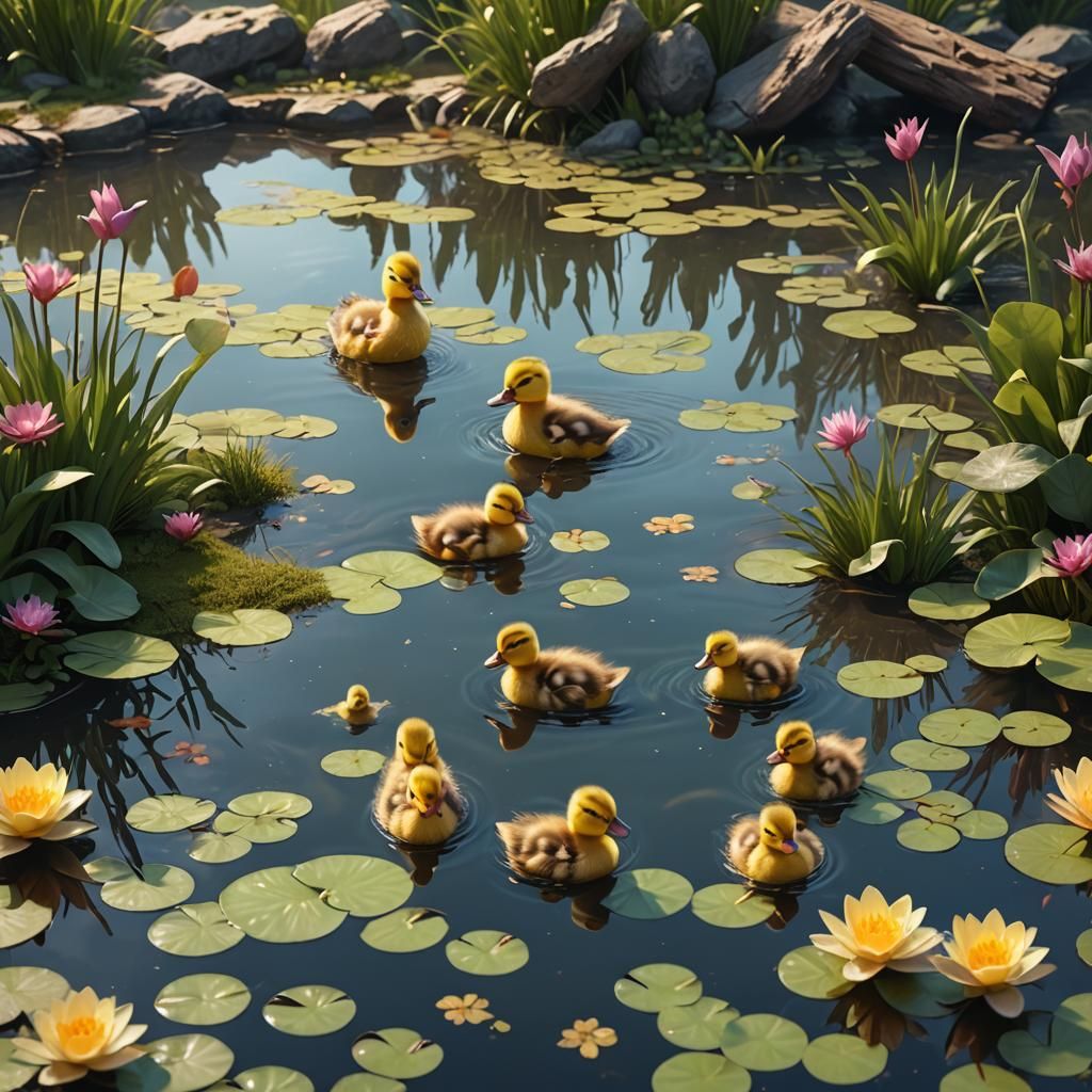 Cute Ducklings in Pond: Detailed Digital Painting