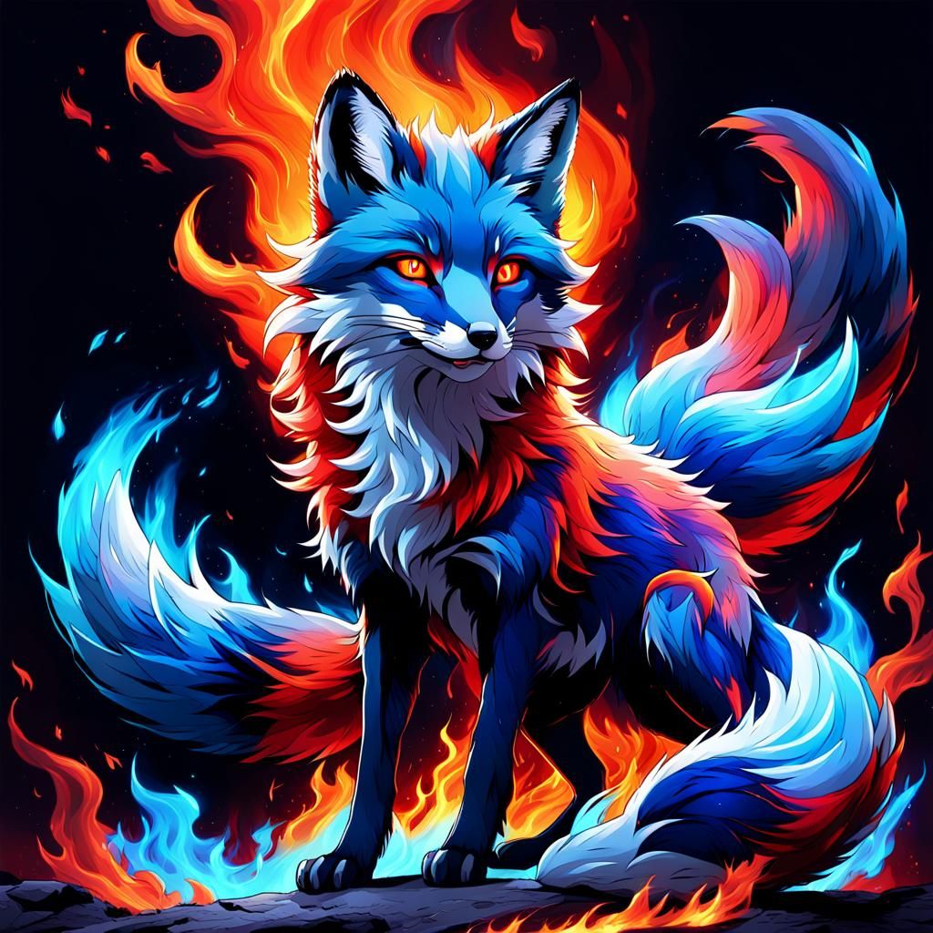 Bi-Colored Fox Ablaze: Manga-Inspired Digital Art