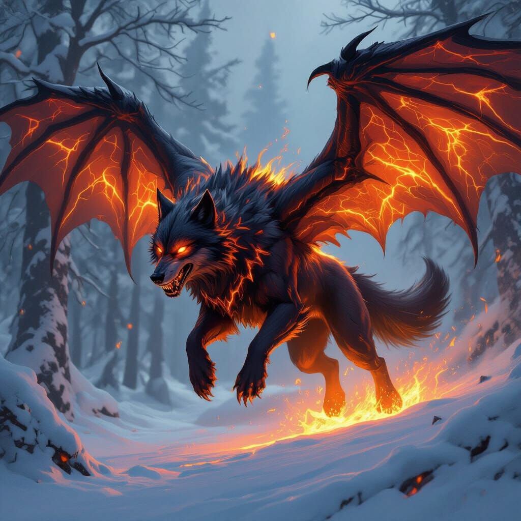 Magma Wolf With Wings Soaring Over Snowy Forest