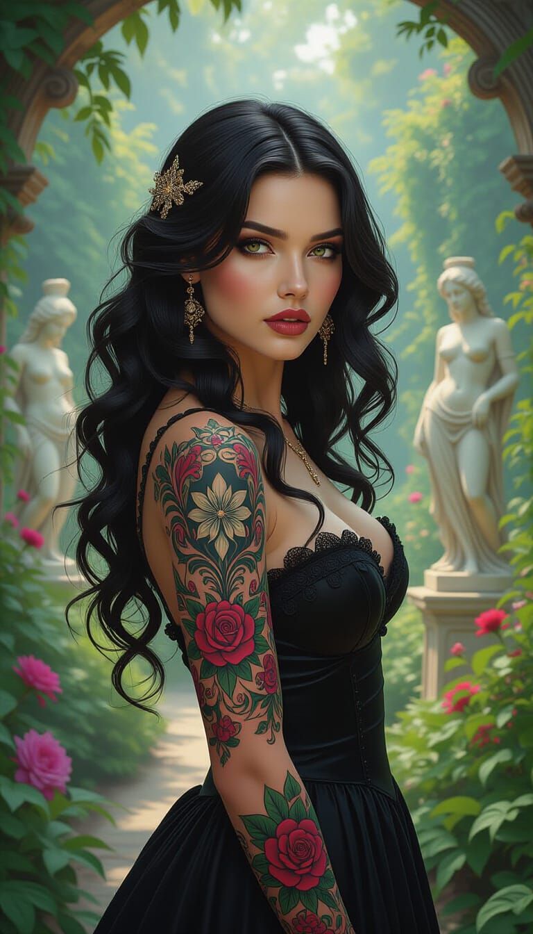 Gothic Woman with Shifting Tattoos in Hyperrealistic Style