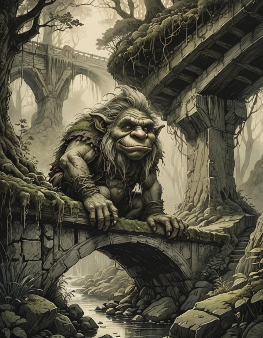 Troll Under Bridge: Vintage Fairytale Illustration