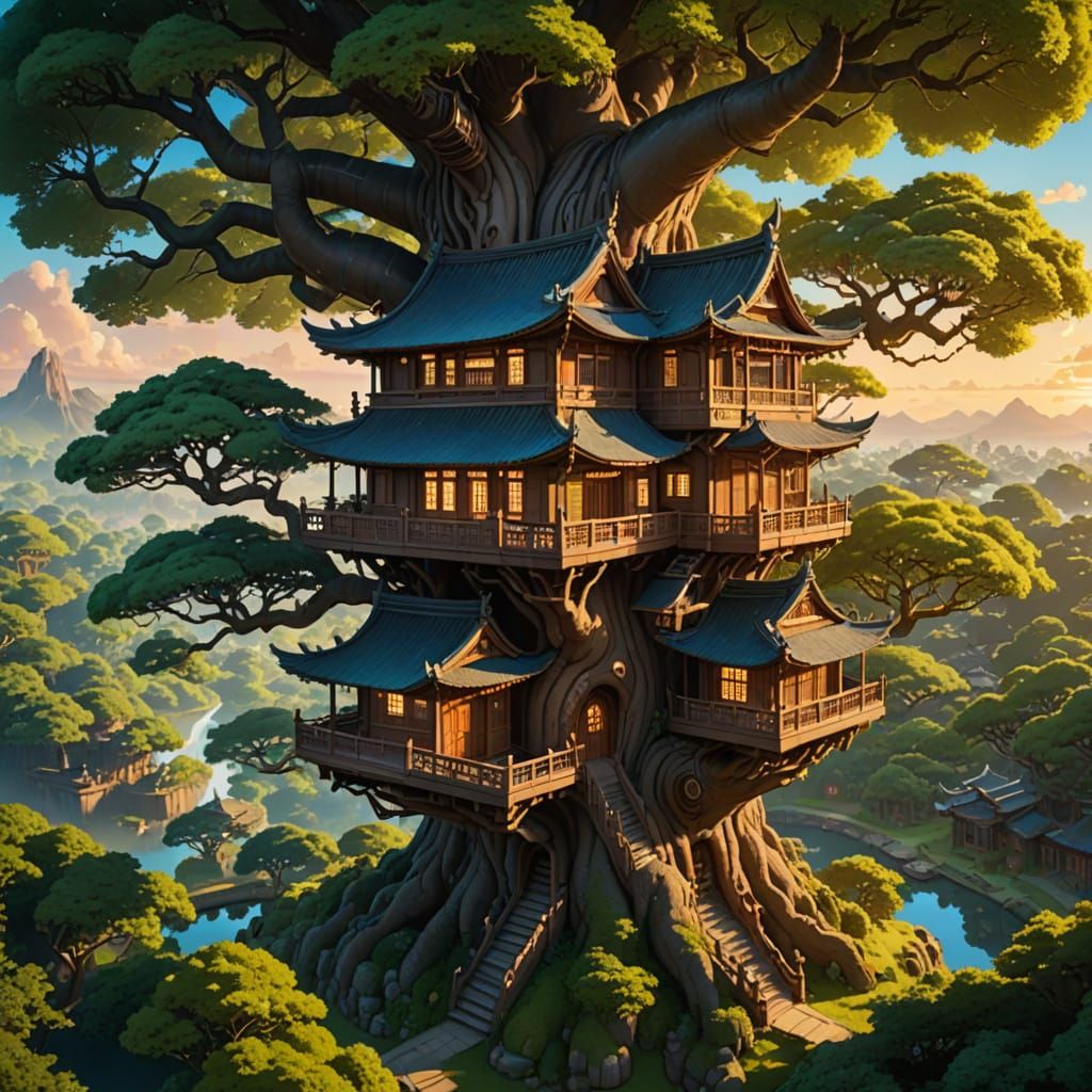 Ancient Oak Pagoda Treehouse Radiates Warmth