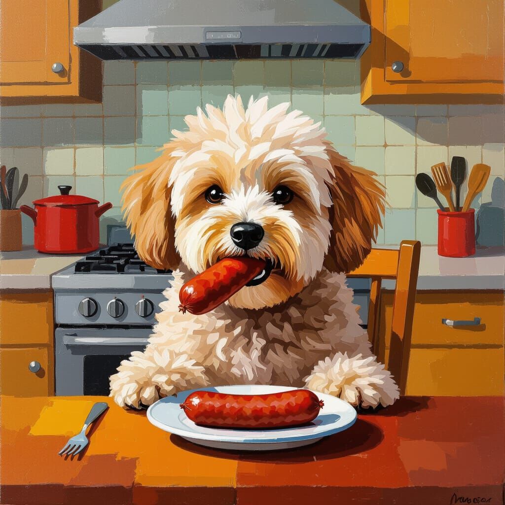 Fluffy Dog Enjoys Sausage in Nouveau Réalisme Style