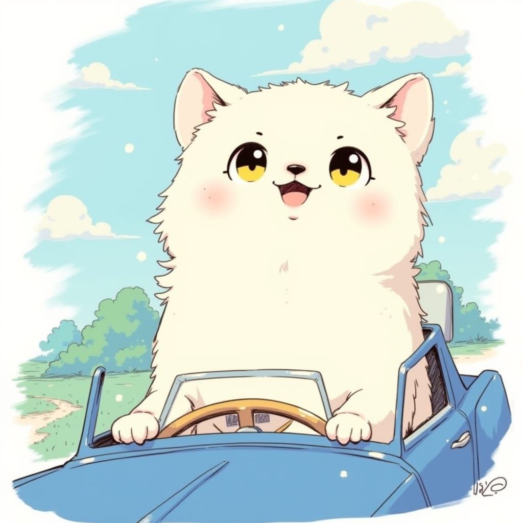 Chibi Dog Drives Vintage Blue Car in Pastel Sky
