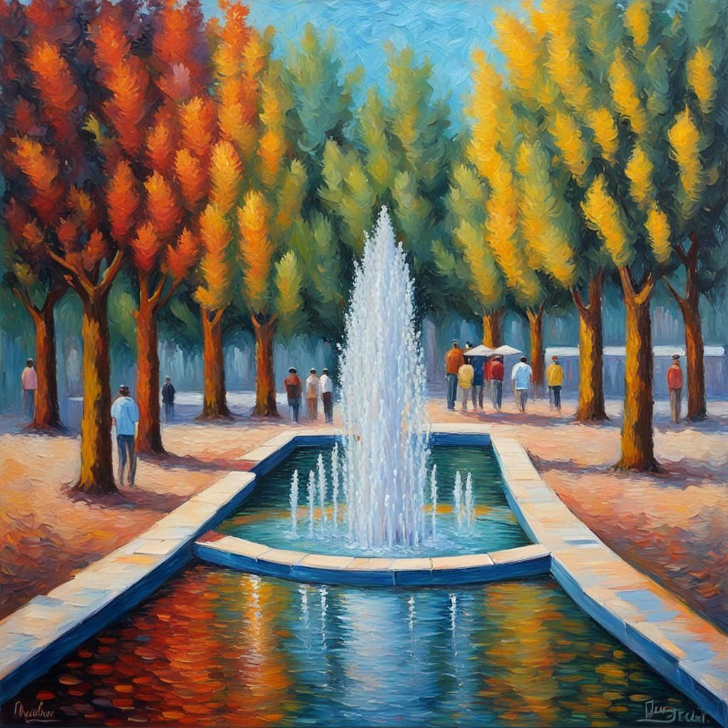 Water Fountains in Expressionist Impasto Oil Painting