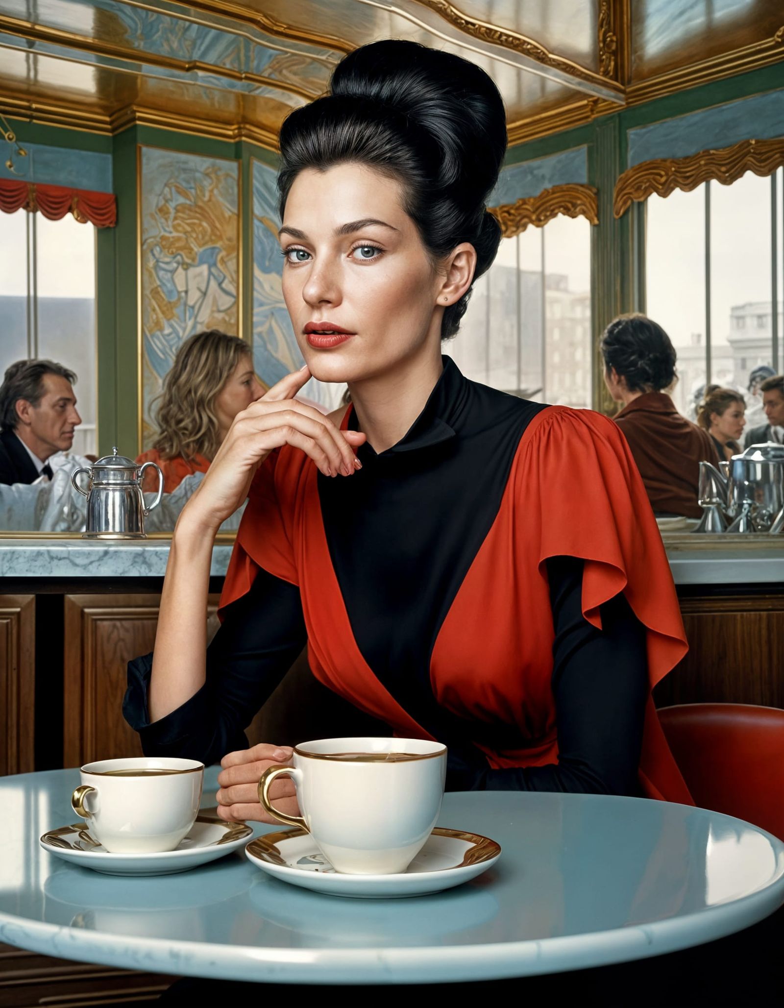 Beautiful Woman Chatting in Cafe, Hyperrealistic Portrait