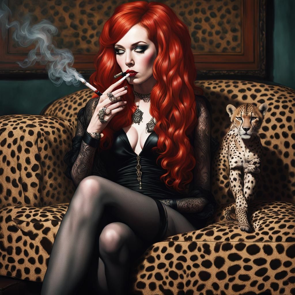 Sinister Redhead Goth Smoking on Cheetah Couch