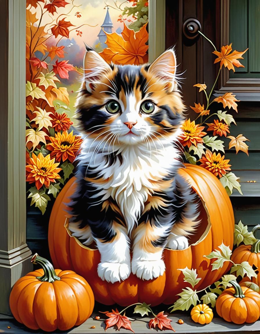 Calico Kitten Portrait in Pumpkin, Victorian Style