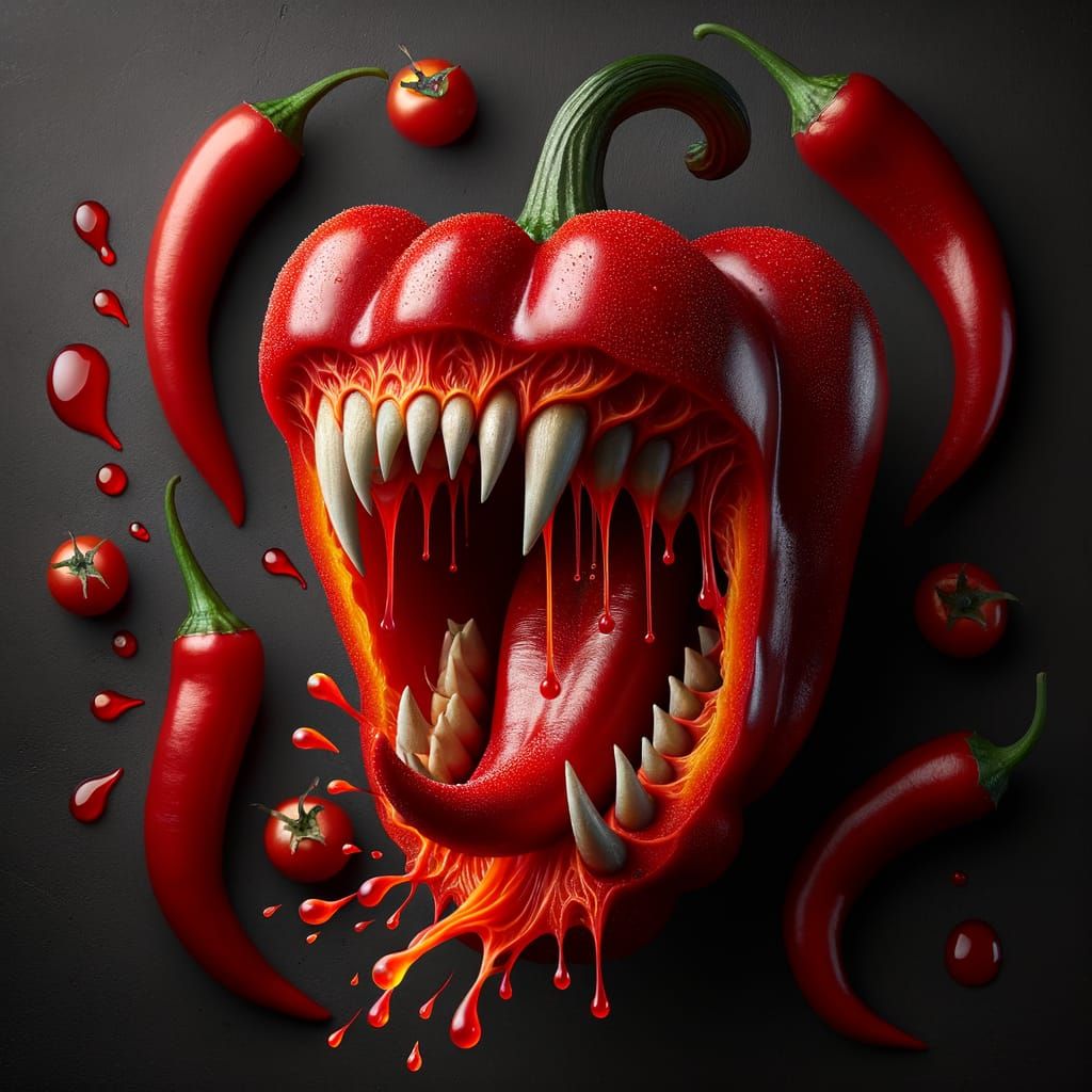 Fiery Red Pepper with Fangs and Oozing Saliva