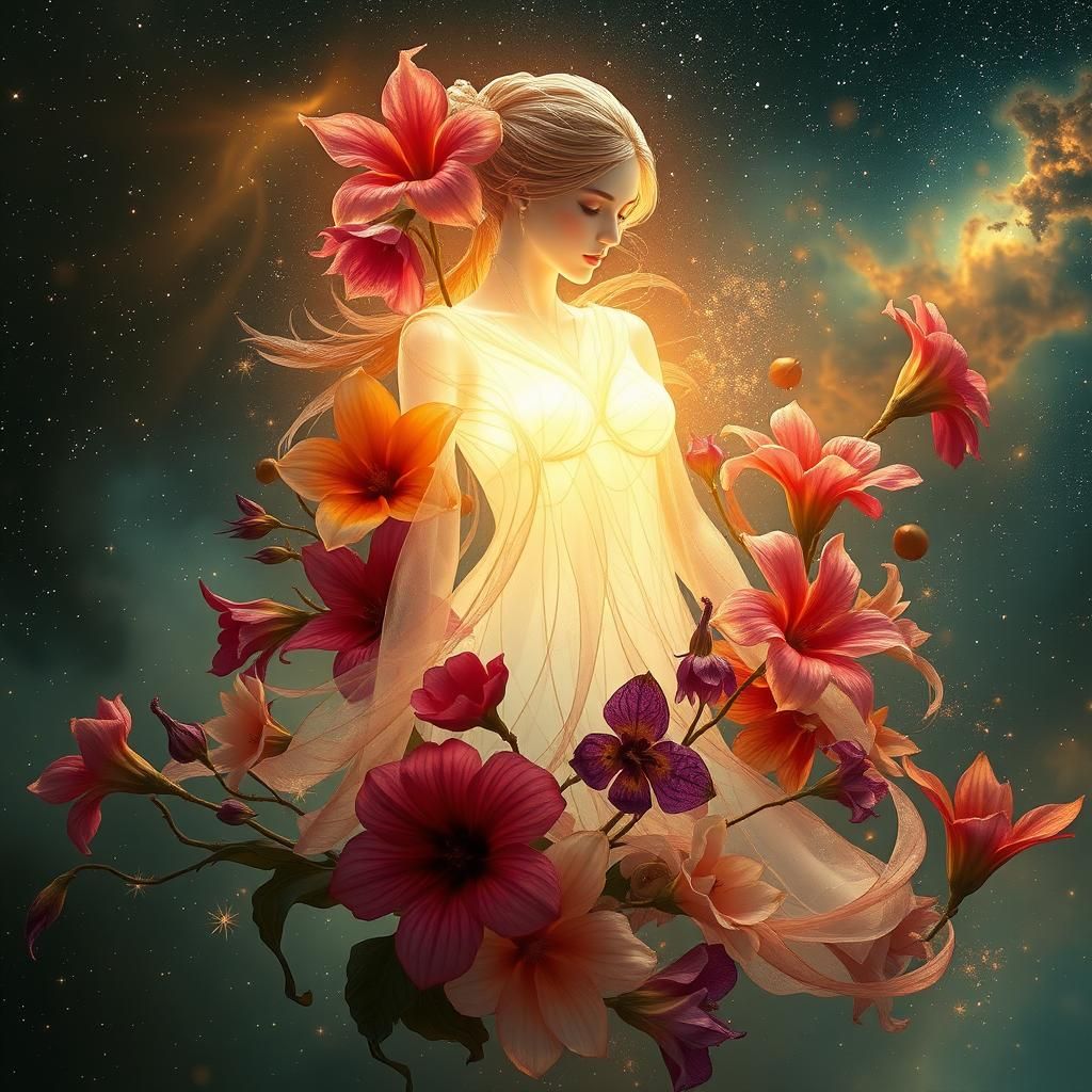 Luminous Feminine Form in Holographic Iridescence