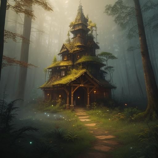 Girl Explores Mystical Forest: Whimsical Fantasy Art