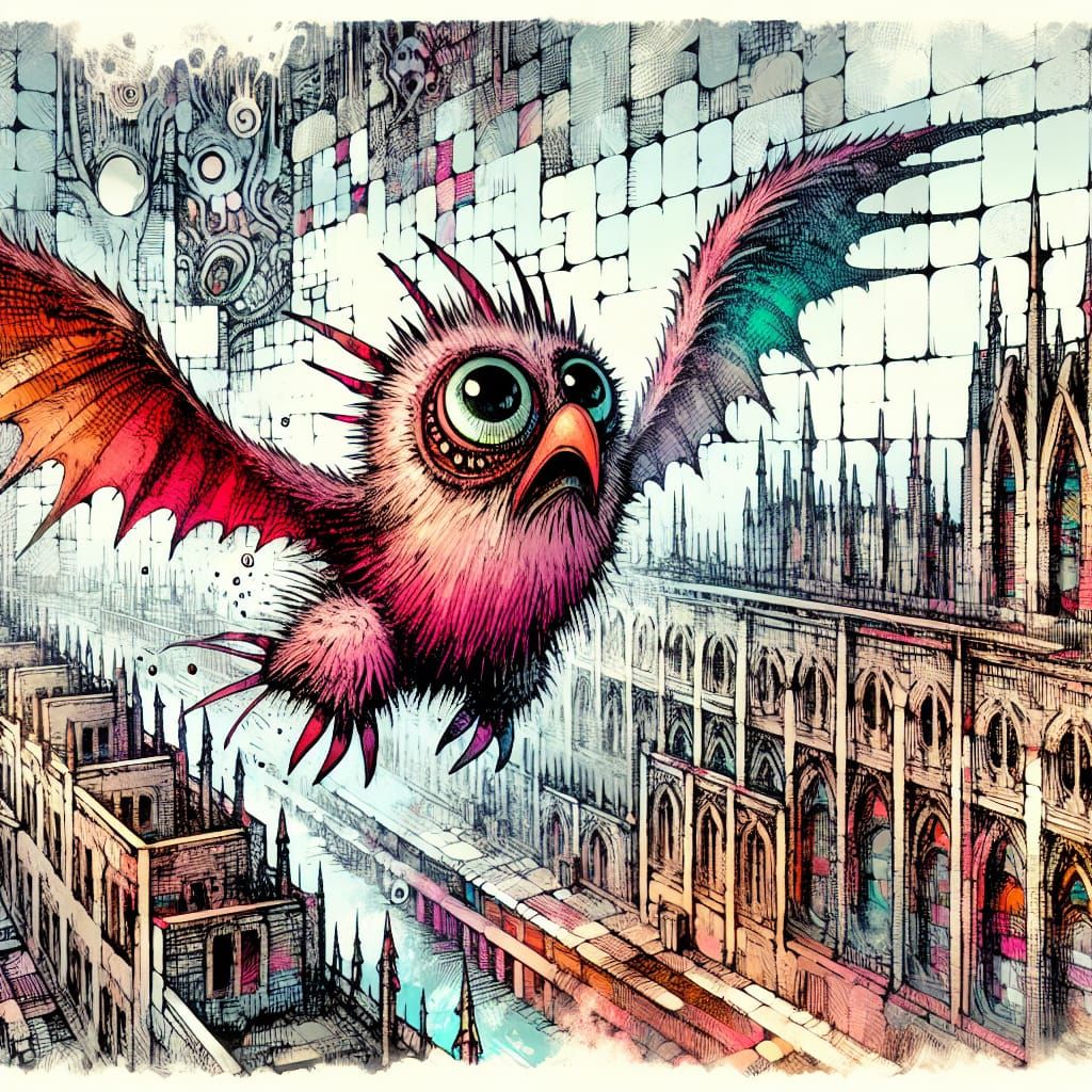 Furry Creature Soaring Over Dystopian City