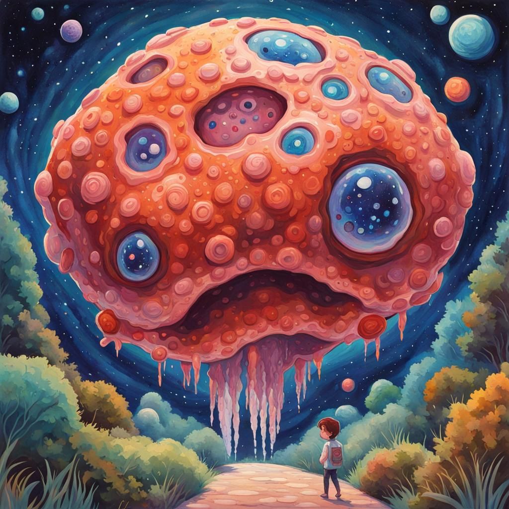 Chibi Amoeba in Futuristic Park: Gouache Watercolor Style