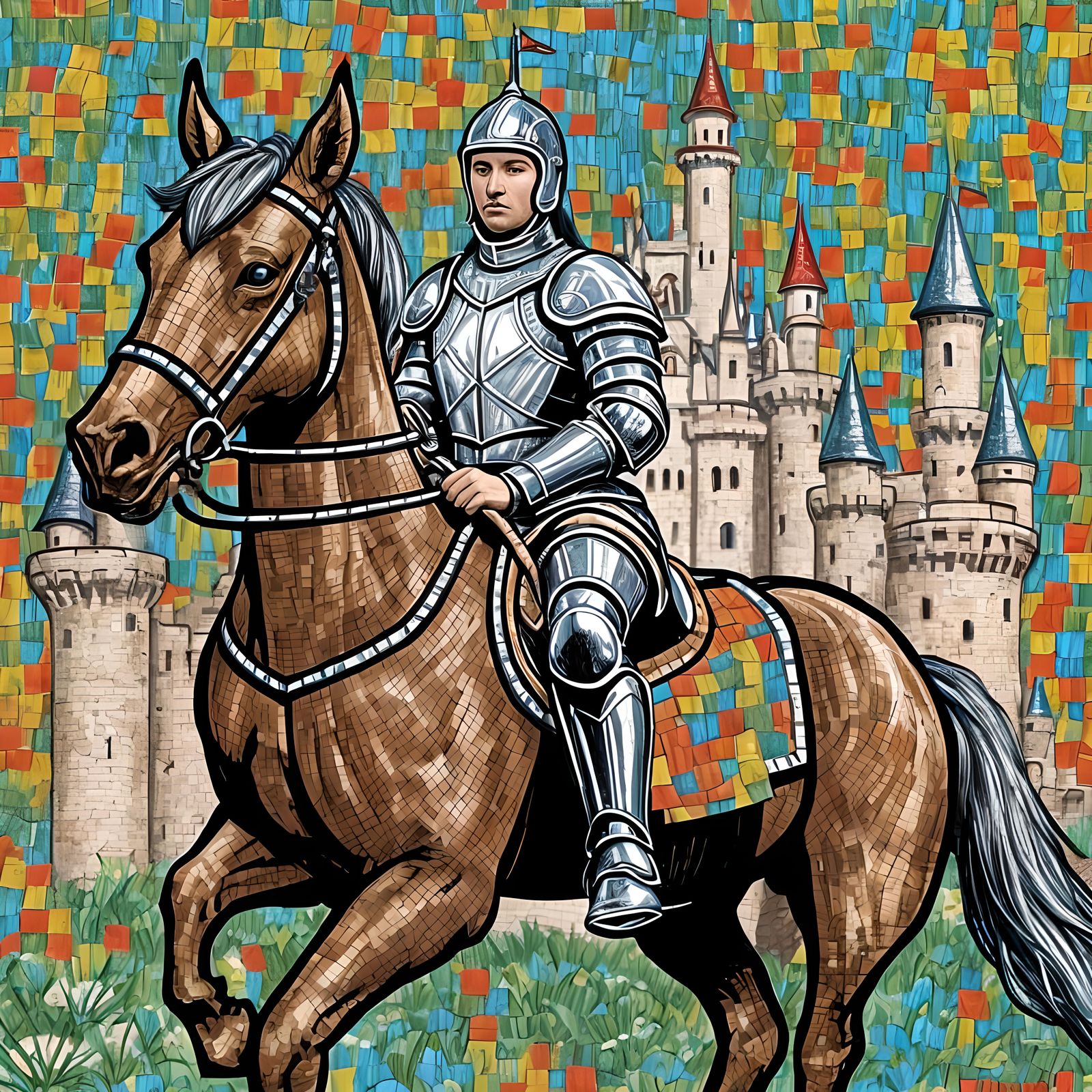 Knight on Horseback in Digital Mosaic Style