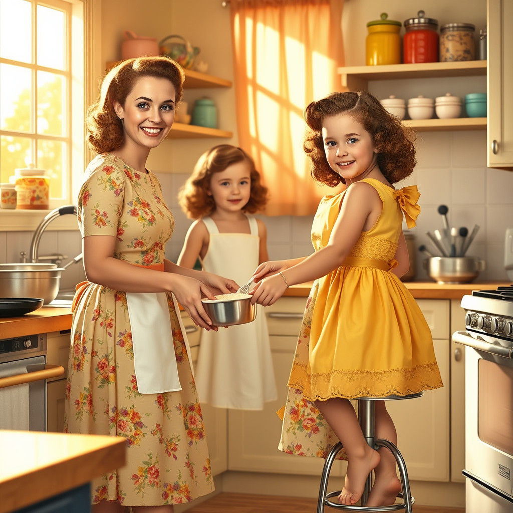 1940s Homemaker Baking Cake With Daughters
