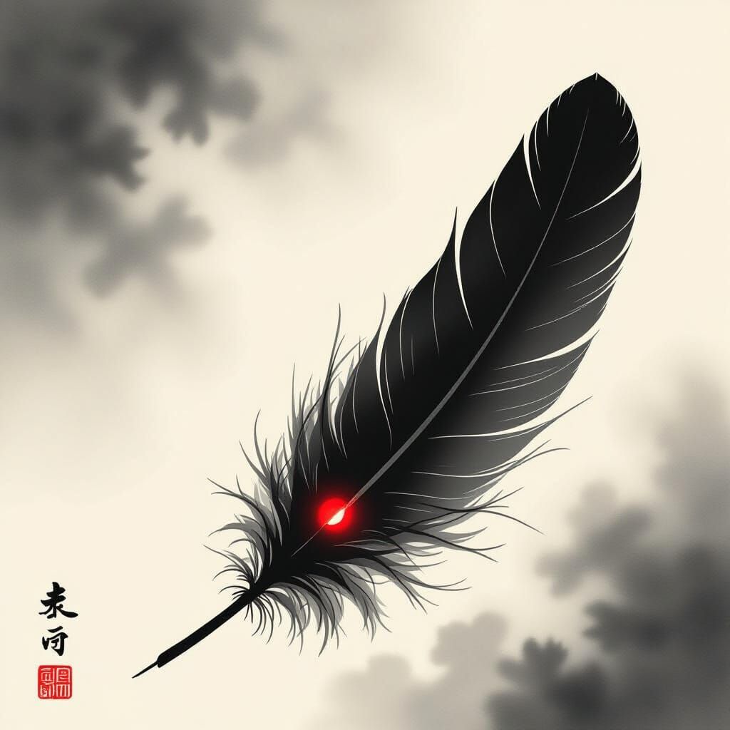 Monochrome Feathers with Crimson Eyes on Washi Paper
