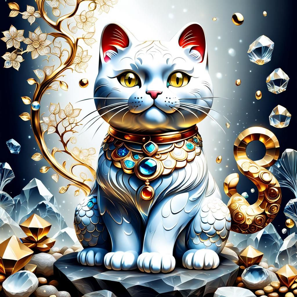 Crystal Maneki Neko with Gold and Gemstones