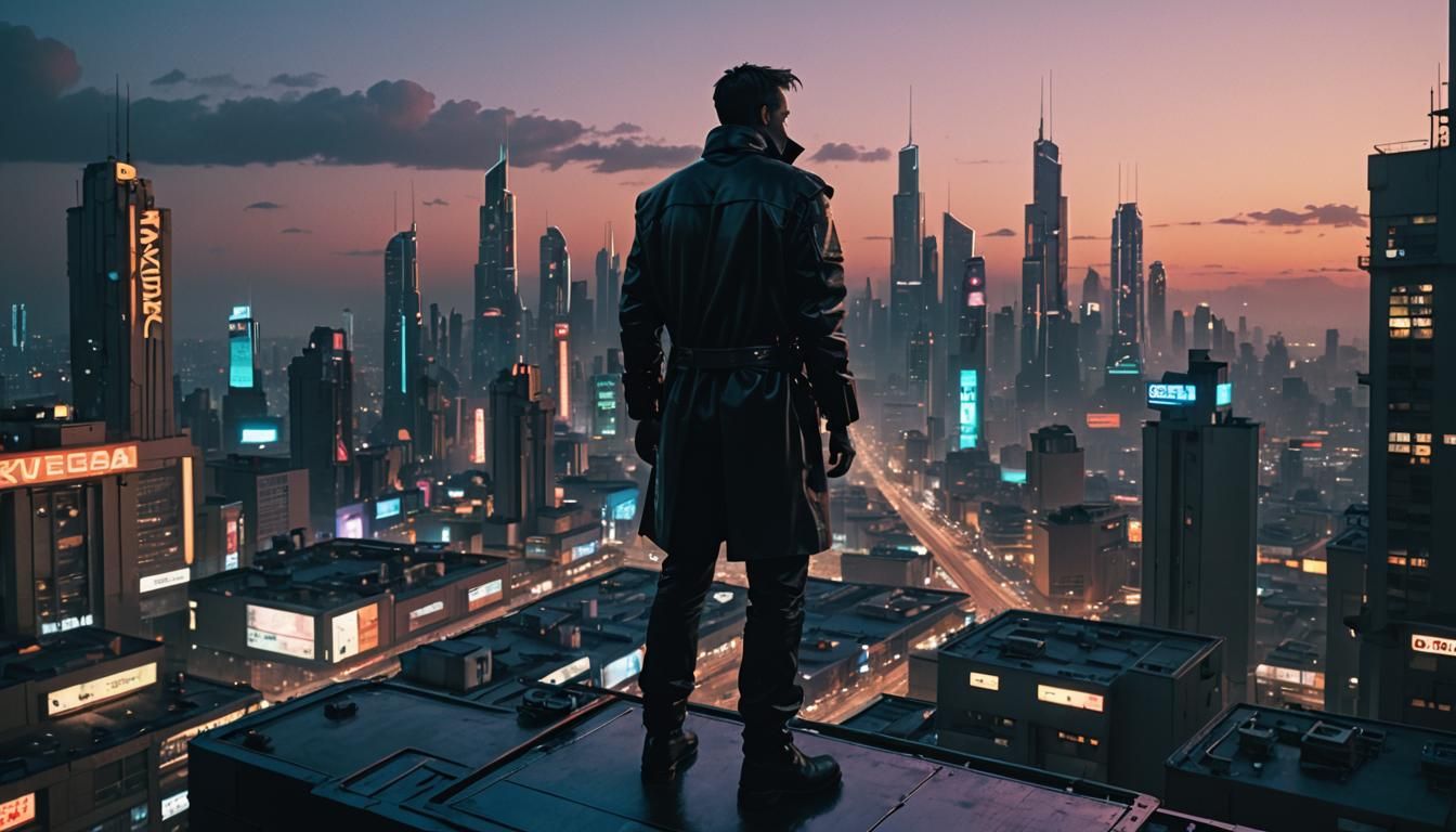 Cyberpunk Rooftop Stare: Cinematic Neon Cityscape