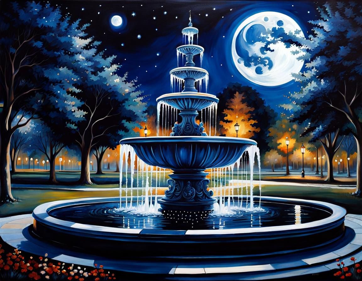 Fantasy Fountain in Park at Night, Detailed Art