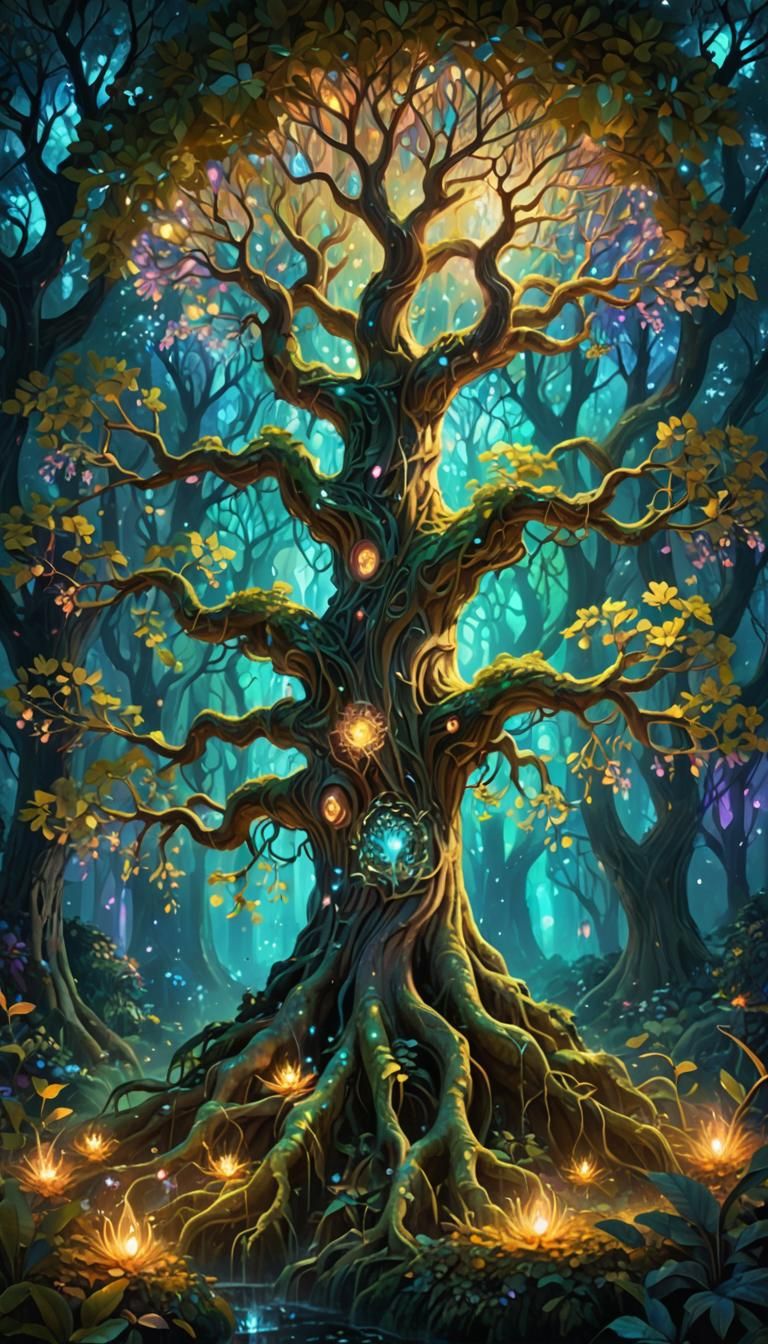 A massive glowing tree with intricate roots and shimmering l...