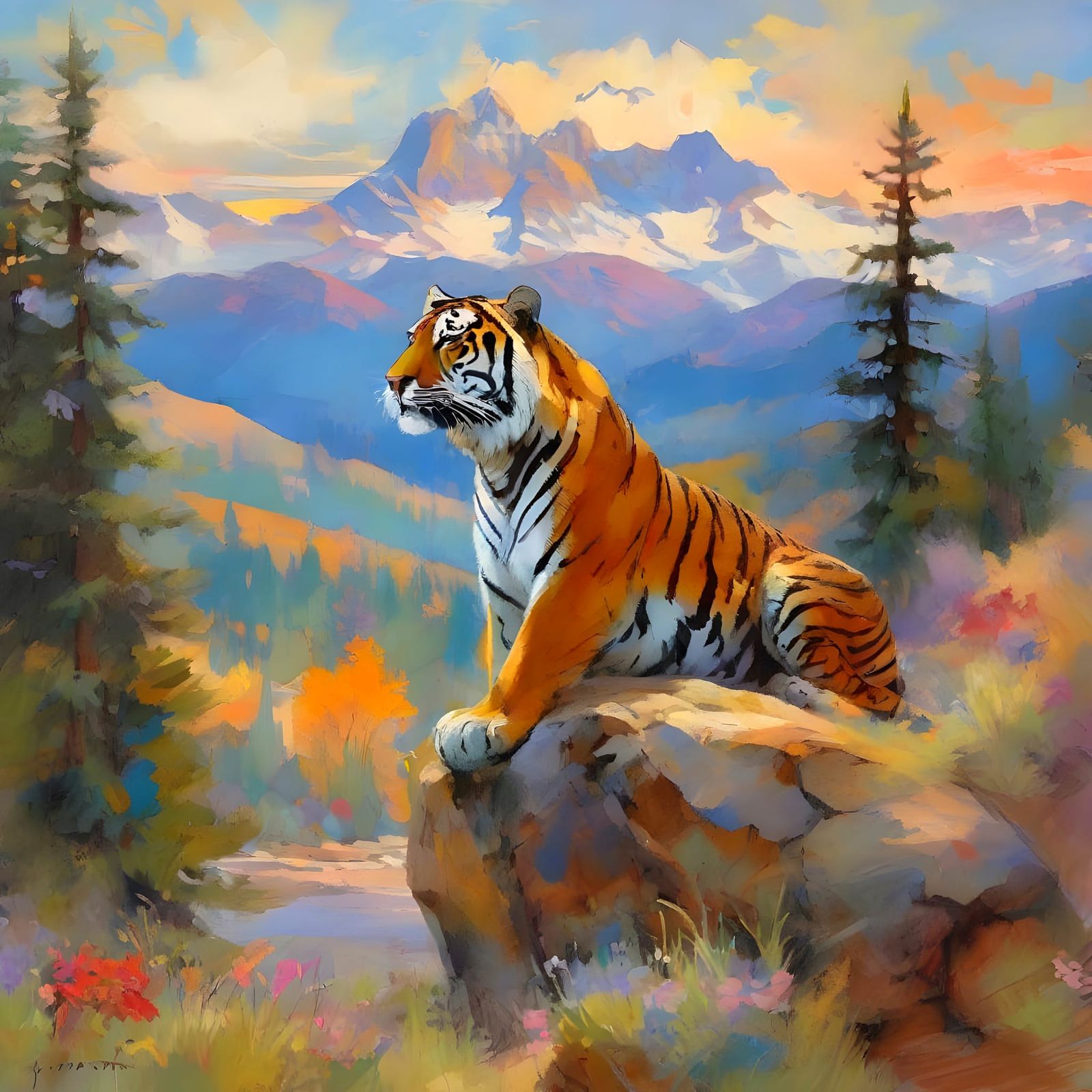 Majestic Tiger Overlooking Vast Landscape in Romantic Waterc...