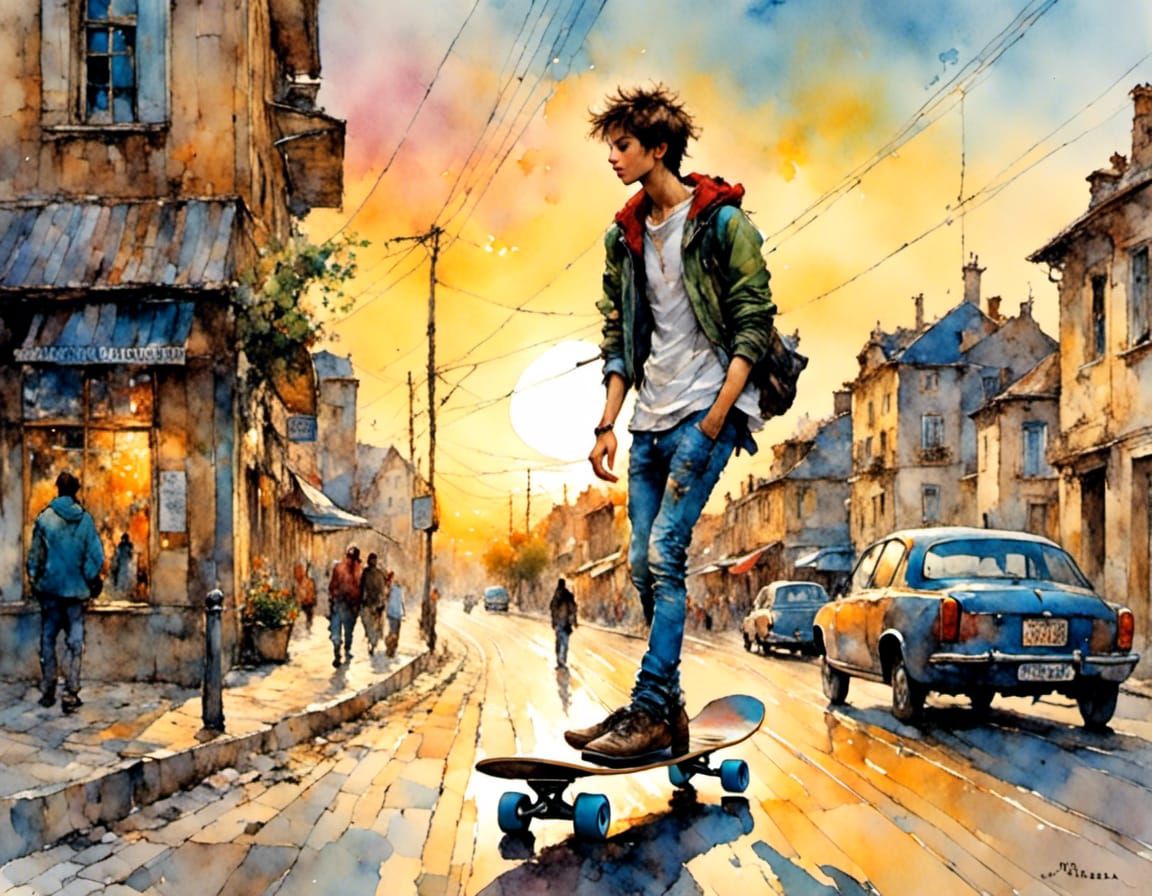 Young Man Skateboarding at Sunset