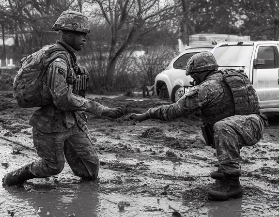 Soldier Rescue in Mud, Black and White Photo