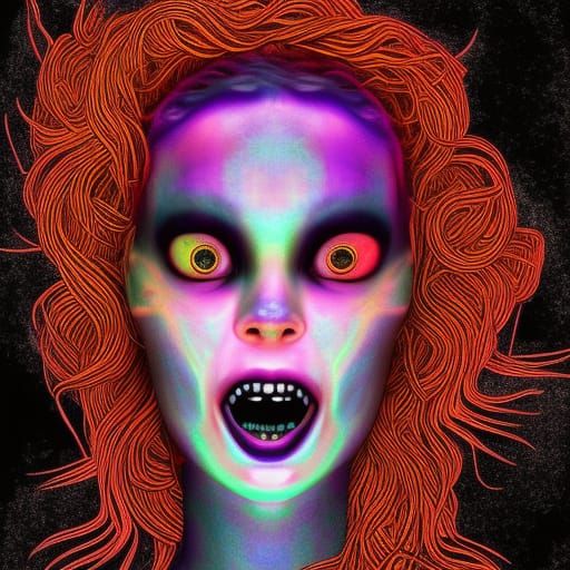 Fiery Horror Medusa Girl in Holographic Astral Illustration