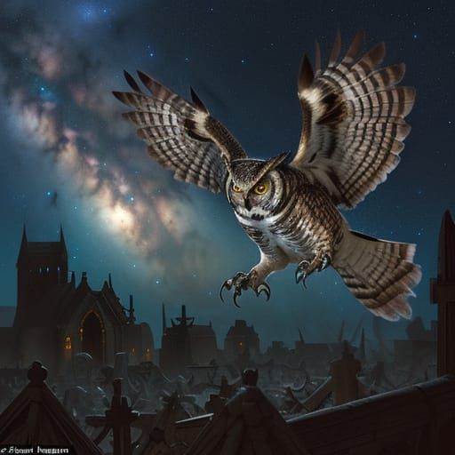 Owl Attacks Skeleton Warrior in Occult Graveyard