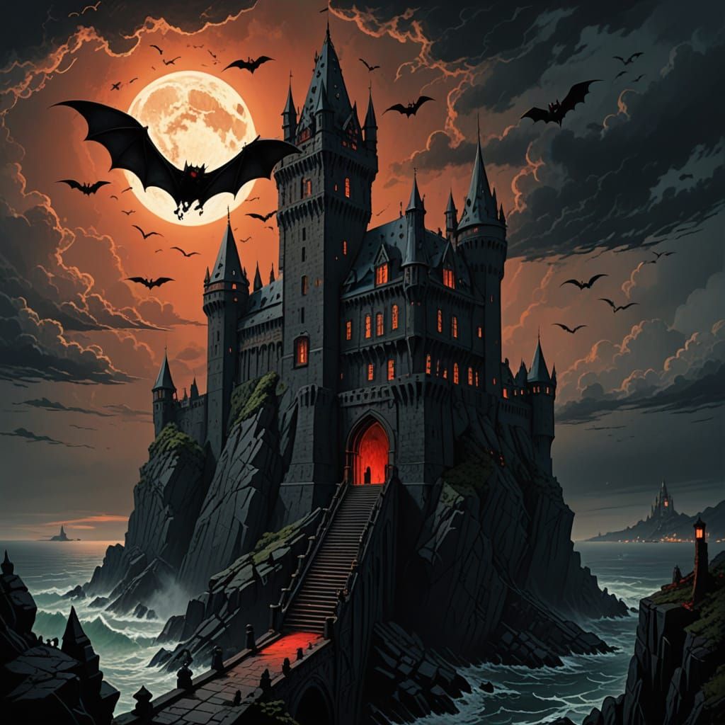 Majestic Obsidian Castle on Jagged Cliff Overlooking Stormy ...