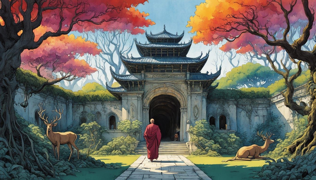 Rainforest Palace with Monks in Watercolor Style