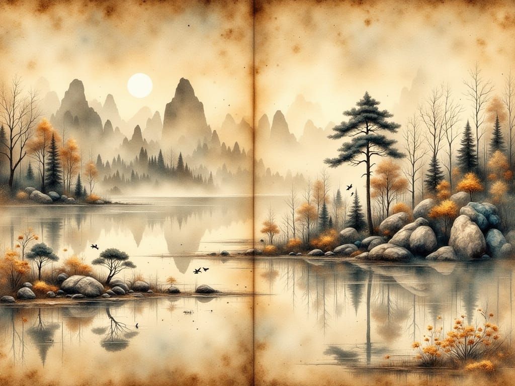 Vintage Japanese Painting in Sumi-e Style