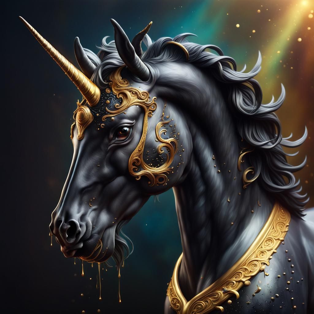 Mystical Black Unicorn with Golden Horn in Splash Art