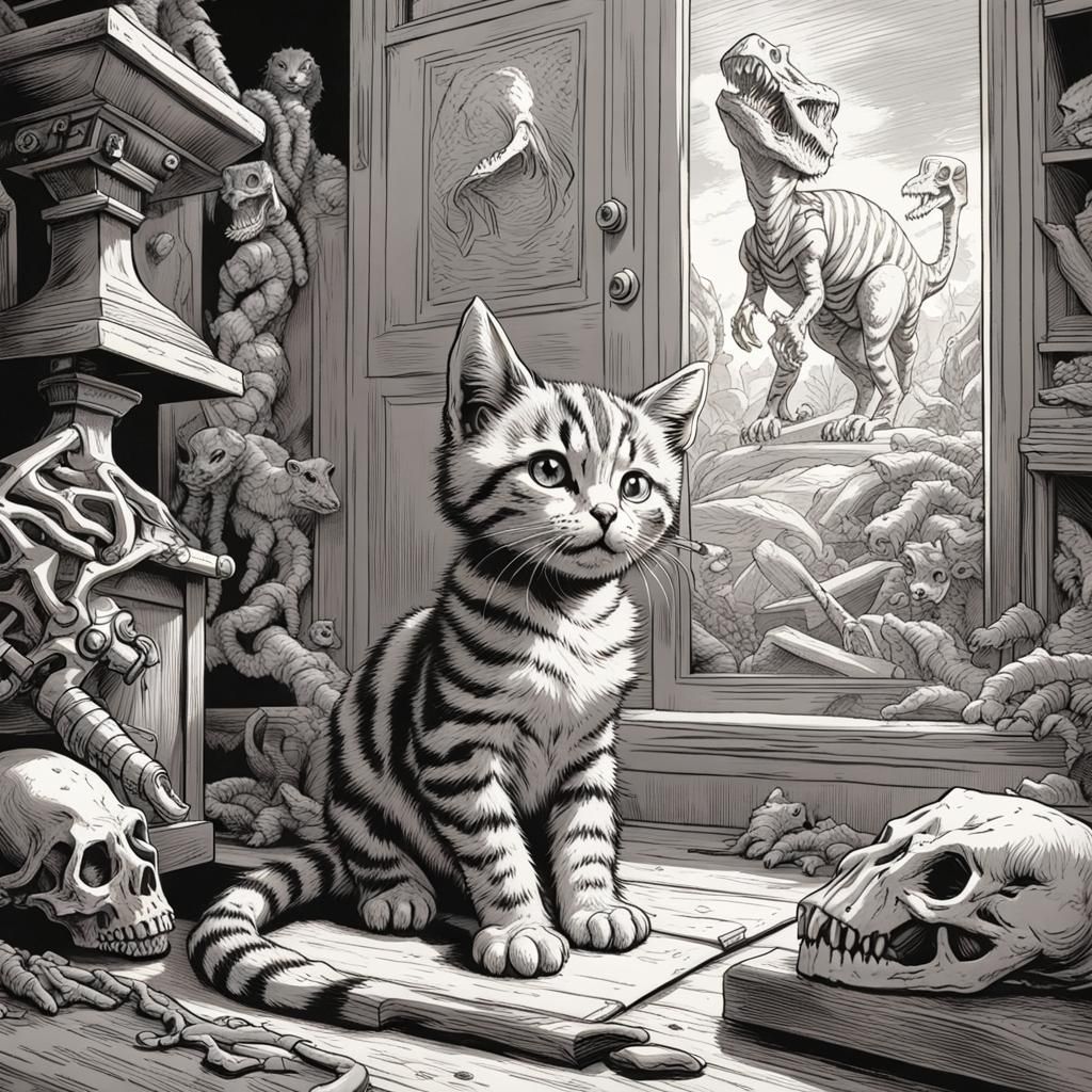 Tabby Kitten and Dinosaur Skeleton in Tenniel Style