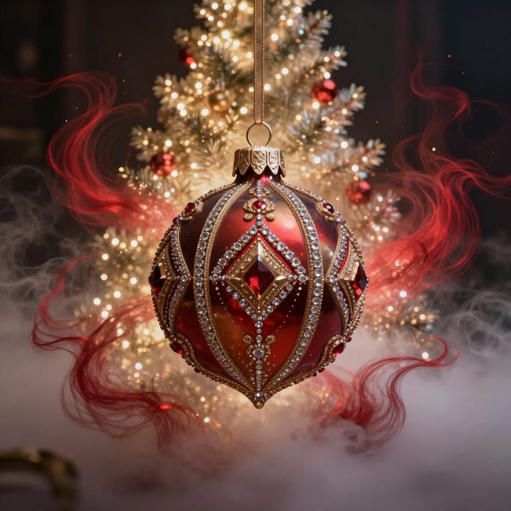 Crimson Aurora Surrounds Diamond Ornament on Glittery Christ...