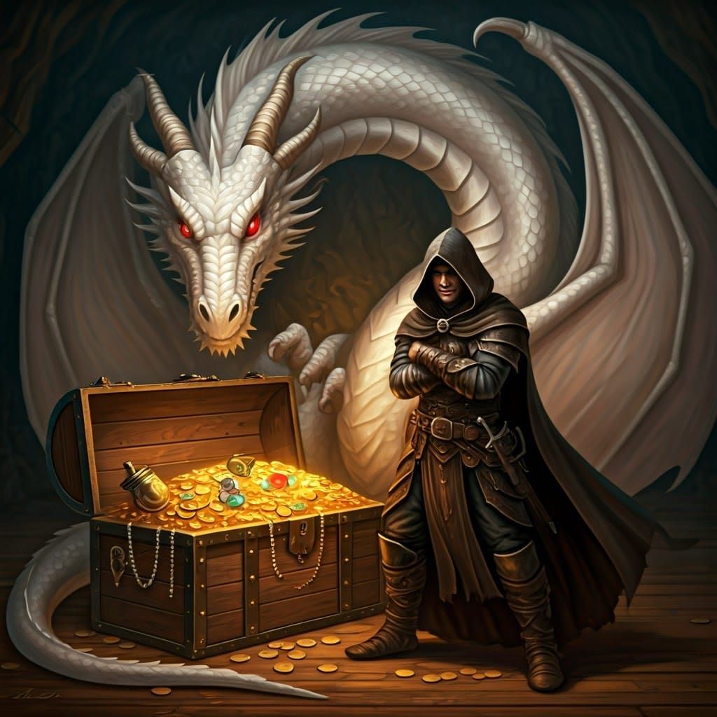 Fantasy Thief and Dragon Guarding Treasure