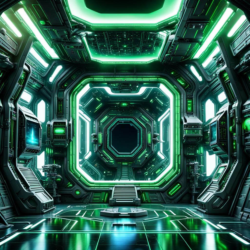 Futuristic Alien Space Station with Green Lights